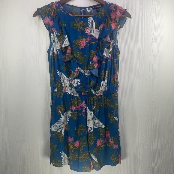 Express - Ruffle Short Romper with Bird and Floral Print Size XS - Picture 2 of 13